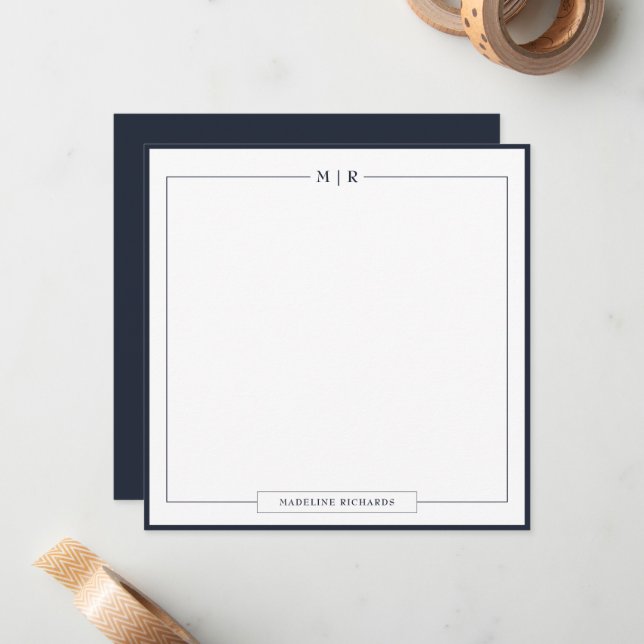 Classic Monogram Navy Blue Border Stationery Anteckningskort (Fram/Back In Situ)