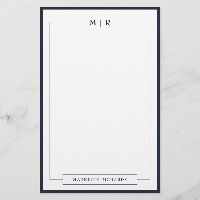 Classic Monogram Navy Blue Border Stationery Brevpapper (Framsida)