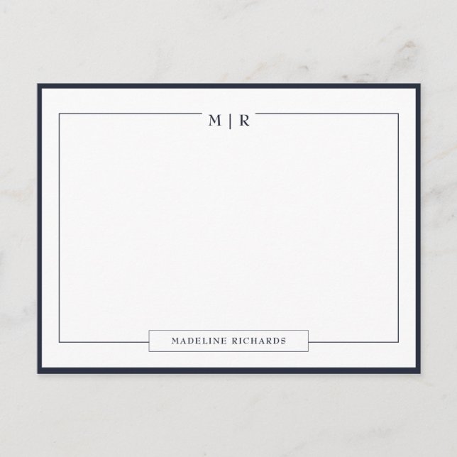 Classic Monogram Navy Blue Border Stationery Vykort (Framsida)