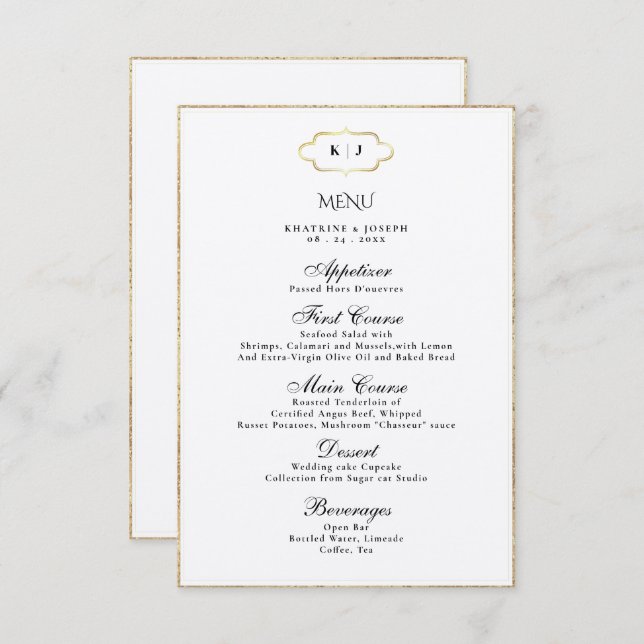 CLASSIC MONOGRAM ROMANTIC CALLIGRAPHY BRÖLLOP MENU TILLÄGGSKORT (Fram/baksida)