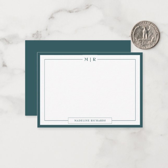 Classic Monogram Smoke Green Border Stationery Anteckningskort (Fram/Back In Situ)