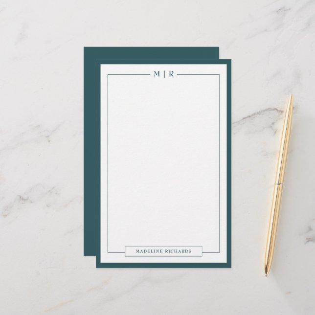 Classic Monogram Smoke Green Border Stationery Brevpapper (Fram/Back In Situ)