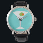 Classic Movie Martini Watch (turkos) Armbandsur<br><div class="desc">Denna klassiska filmbevakning har en turkobakgrunden och bilden av en vit silhuett av ett martinistiskt glas. Inuti glaset finns en gloriös grönt oliver med orange pimento. Det här är en roligt armklocka för alla som önskemål var med i en klassisk film. Shaken är inte upprörd,  tack!</div>