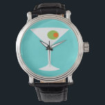 Classic Movie Martini Watch (turkos) Armbandsur<br><div class="desc">Denna klassiska filmbevakning har en turkobakgrunden och bilden av en vit silhuett av ett martinistiskt glas. Inuti glaset finns en gloriös grönt oliver med orange pimento. Det här är en roligt armklocka för alla som önskemål var med i en klassisk film. Shaken är inte upprörd, tack!</div>