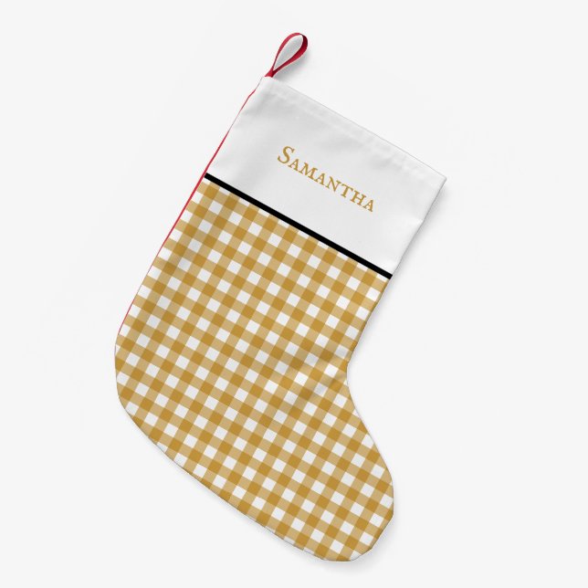 Classic Mustard färg gingham plaid med namn Liten Julstrumpa (Framsidan (Hängande))