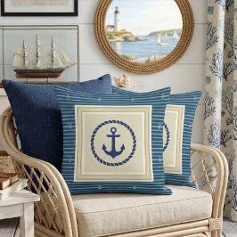 Classic Nautical Navy Blue & Gold Anchor Striped Kudde