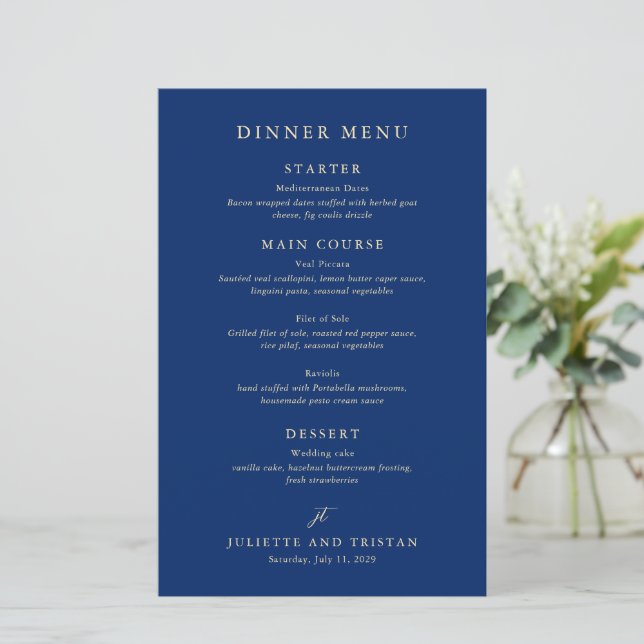 Classic Navy and Cream Elegant Wedding Menu (Stående Fram)