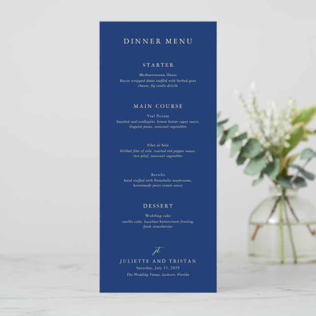 Classic Navy and Cream Elegant Wedding Meny (Stående Fram)