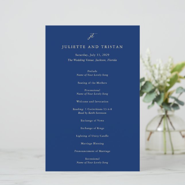 Classic Navy and Cream Elegant Wedding Program (Stående Fram)