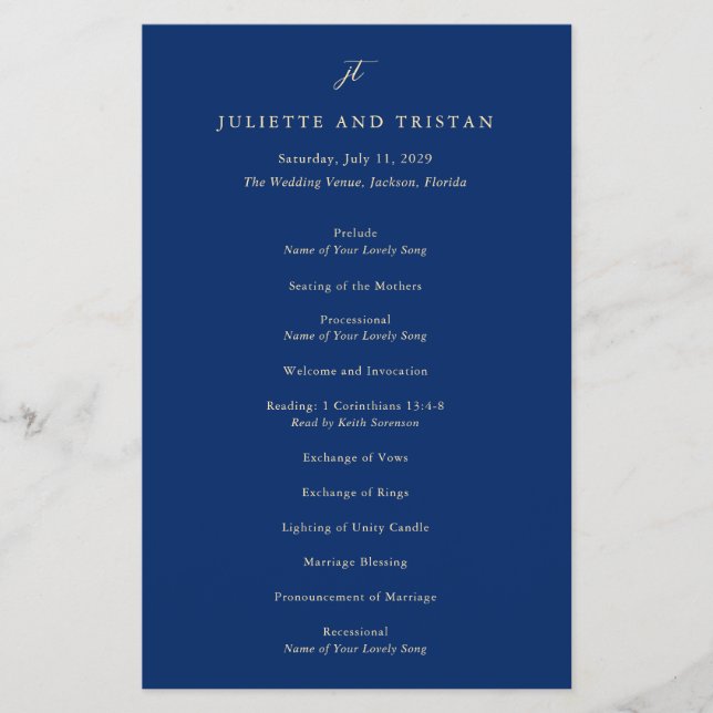 Classic Navy and Cream Elegant Wedding Program (Framsidan)