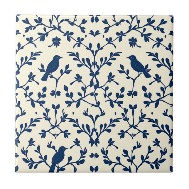Classic Navy Blue Bird Damask Toile Silhouette  Kakelplatta (Framsidan)