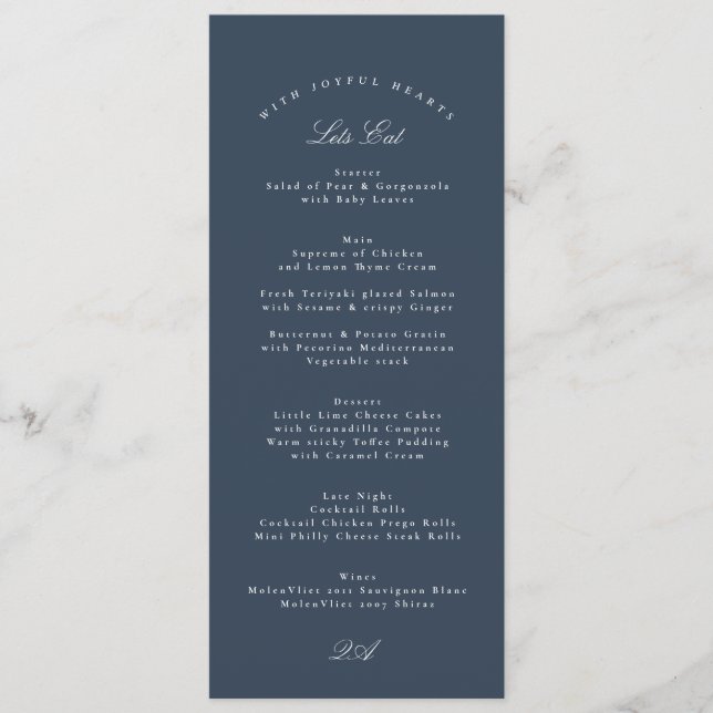Classic Navy Blue Calligraphy Formal Wedding Meny (Framsida)