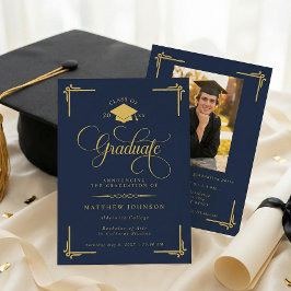 Classic Navy Blue Gold Graduation Inbjudningar