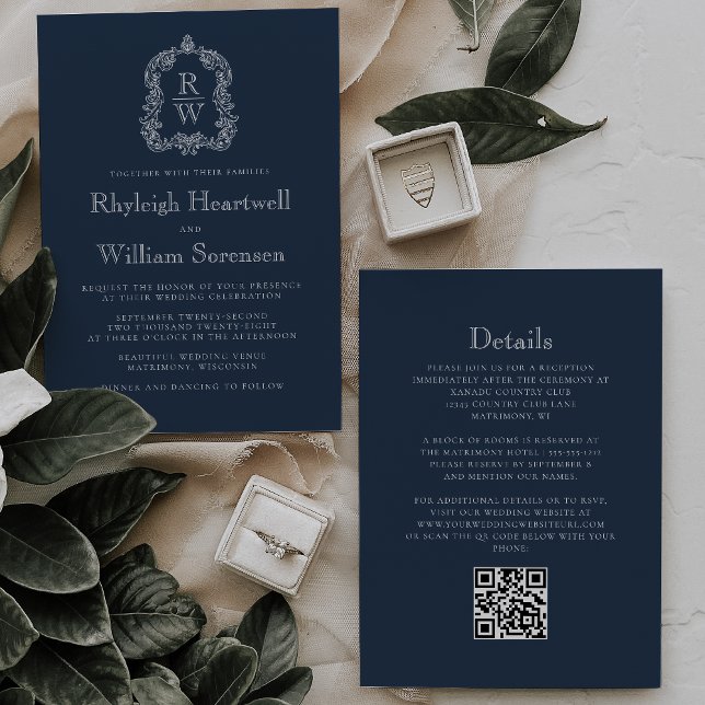 Classic Navy Blue Monogram Crest QR Code Wedding Inbjudningar (Skapare uppladdad)