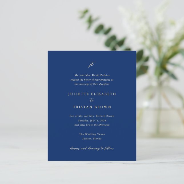 Classic Navy Blue Monogram Elegant Wedding Invite (Stående Fram)