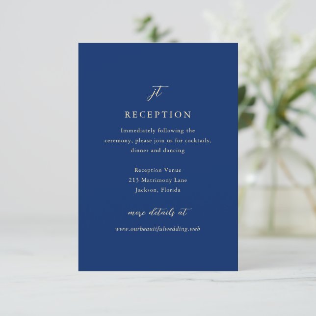 Classic Navy Blue Monogram Elegant Wedding Tilläggskort (Stående Fram)
