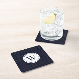 Classic Navy Blue Plaid Christmas Monogram Underlägg Papper Kvadrat