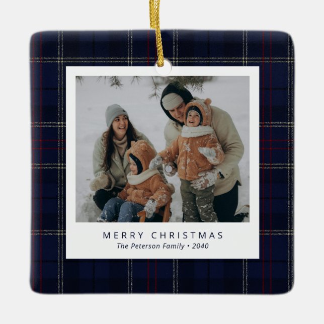 Classic Navy Blue Plaid Family 4 Photo Holiday Julgransprydnad Keramik (Framsida)