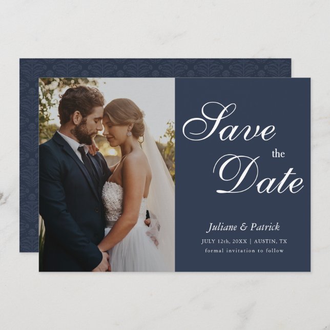 Classic Navy Blue Script Photo Save the Date (Fram/baksida)