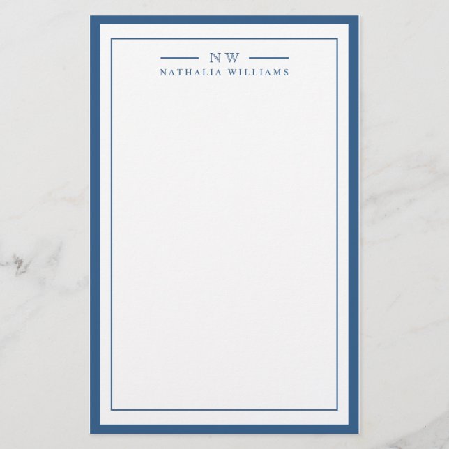 Classic Navy Blue Two Border Monogram Lined Brevpapper (Framsida)
