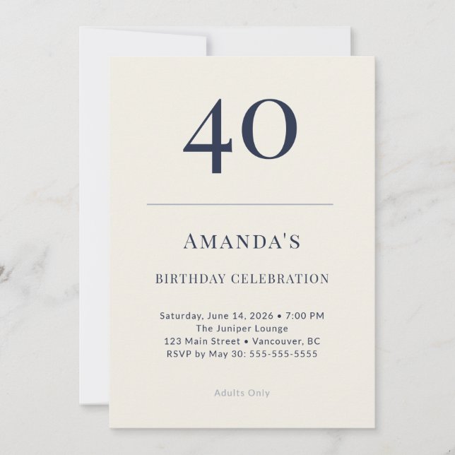 Classic Navy & Cream 40th Birthday Celebration Inv Inbjudningar (Framsida)