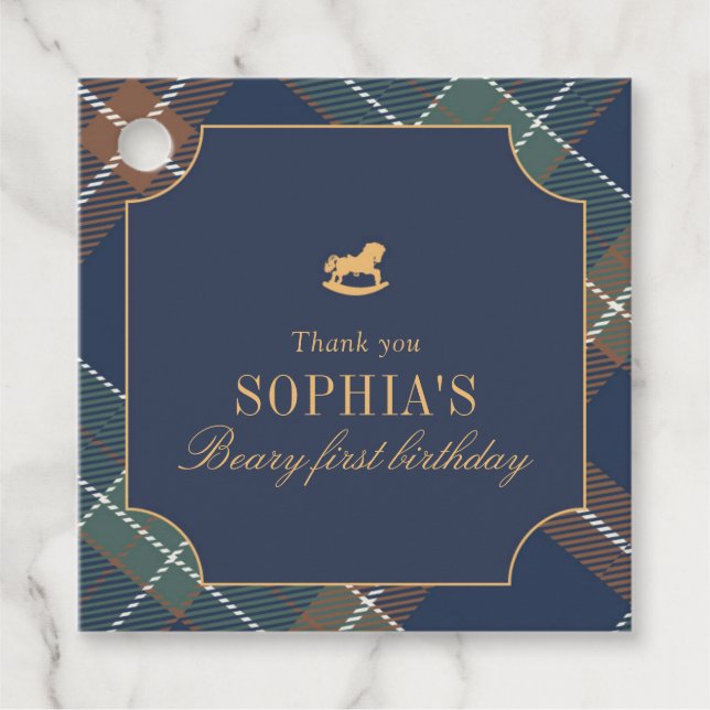 Classic Navy Plaid Teddy Bear Girl Birthday Gåvor Etiketter (Framsida)