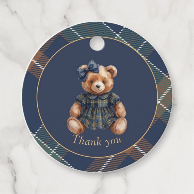 Classic Navy Plaid Teddy Bear Girl Birthday  Gåvor Etiketter (Framsida)