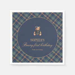 Classic Navy Plaid Teddy Bear Girl Birthday Napkin Pappersservett