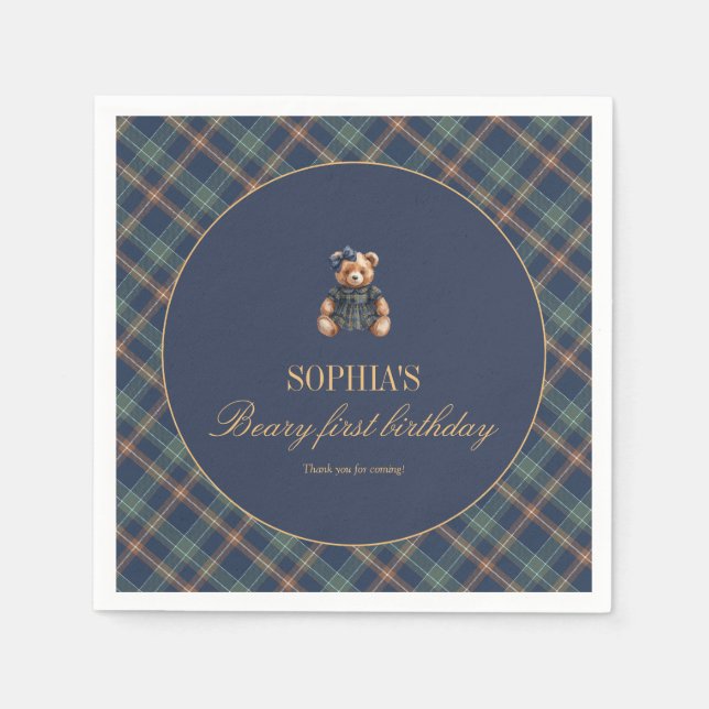 Classic Navy Plaid Teddy Bear Girl Birthday Napkin Pappersservett (Framsidan)
