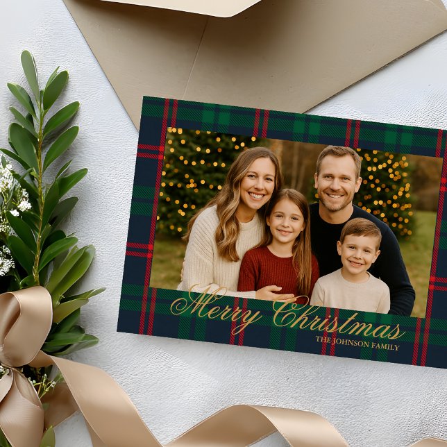 Classic Navy Tartan Plaid Photo Christmas Card Inbjudningar (Share your holiday joy with this Classic Plaid Merry Christmas Family Photo Card)