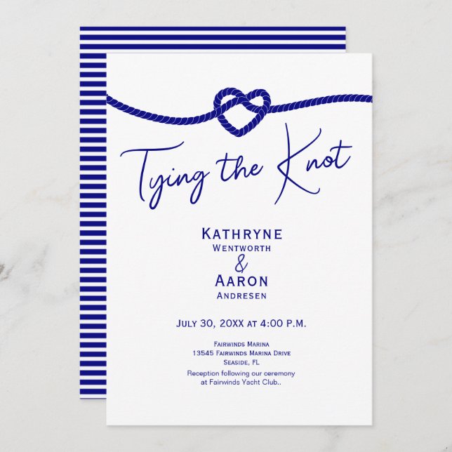 Classic Navy White Stripes Tying the Knot Wedding  Inbjudningar (Fram/baksida)