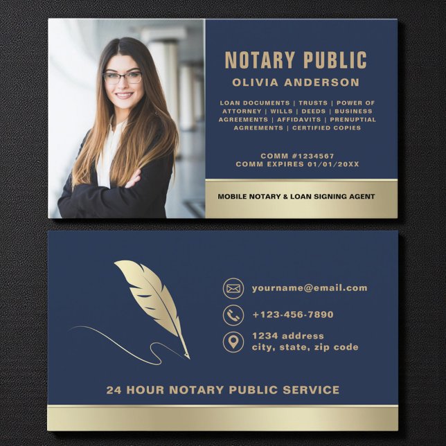 Classic Notary Public Navy Blue & Gold Photo Visitkort (Skapare uppladdad)