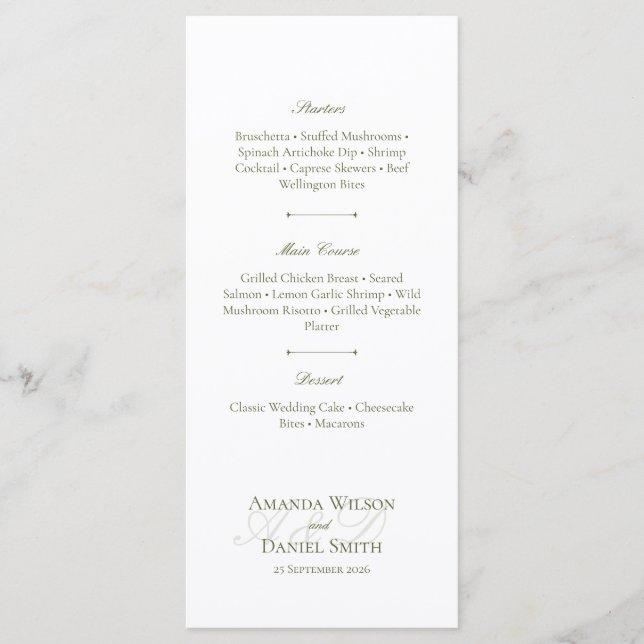 Classic Olive Wedding Menu Meny (Framsida)