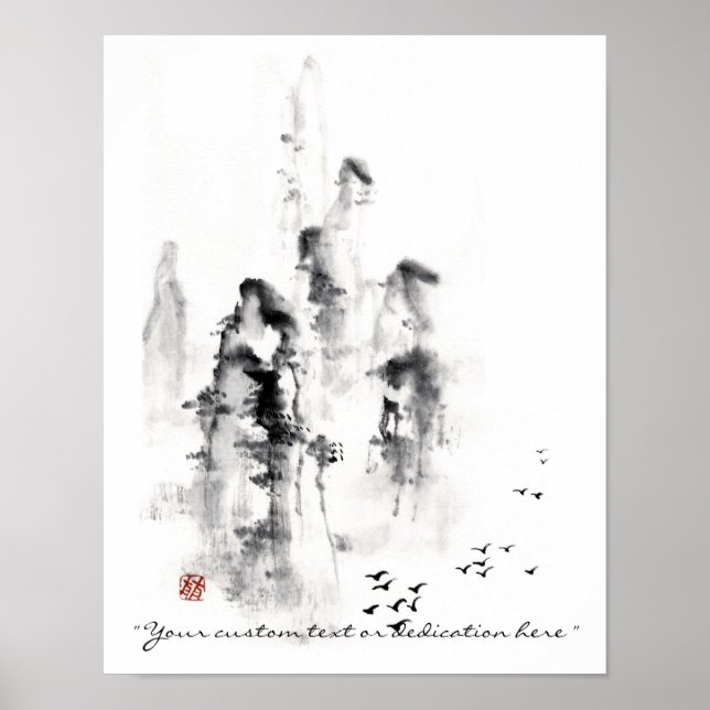 Classic oriental chinese sumi-e ink mountain scene poster (Framsidan)