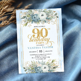 Classic pastel blue gold script 90th birthday inbjudningar
