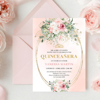 Classic Pastel Pink Rose Gold Quinceañera Invite Inbjudningar