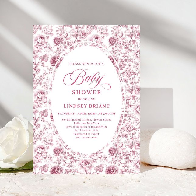 Classic Pink and White Rose Pattern Baby Shower  Inbjudningar (Classic Pink and White Rose Pattern Baby Shower Invite)