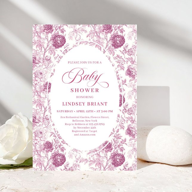 Classic Pink and White Roses Toile Baby Shower  Inbjudningar (Classic Pink and White Roses Toile Baby Shower Invite)