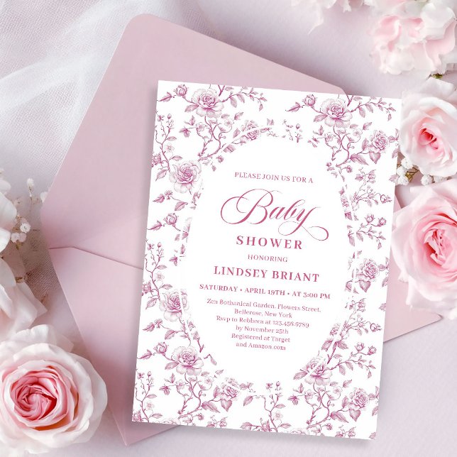 Classic Pink and White Roses Toile Baby Shower  Inbjudningar (Classic Pink and White Roses Toile Baby Shower Invitation)