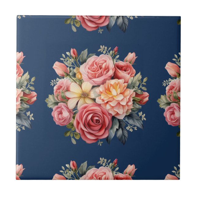 Classic Pink Roses Floral on a Blue Background Kakelplatta (Framsidan)