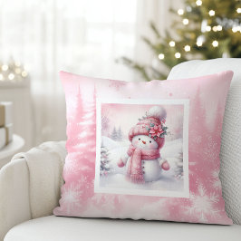 Classic Pink Snowman Winter Scene Kids Gift Pillow Kudde