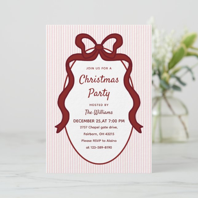 Classic Pink Stripes & Red Bow Frame Christmas  Inbjudningar (Stående Fram)