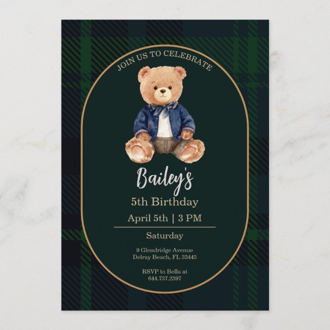 Classic Plaid Little Bear Birthday Invitation Inbjudningar (Framsida)