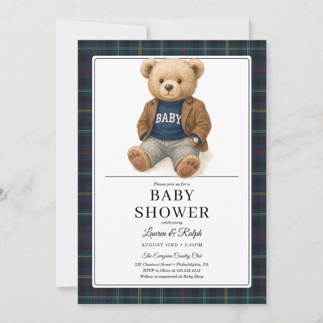Classic Plaid Teddy Bear Baby Shower Inbjudningar (Framsida)