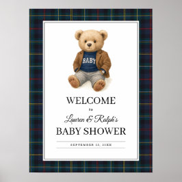 Classic Plaid Teddy Bear Baby Shower Poster