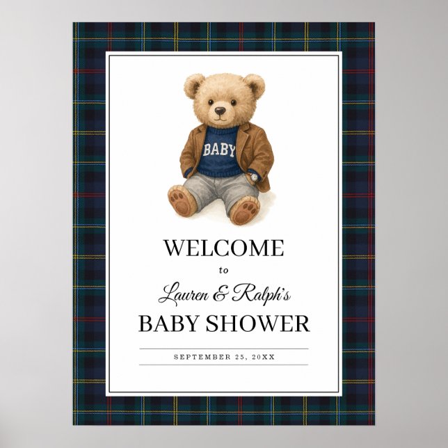 Classic Plaid Teddy Bear Baby Shower Poster (Framsidan)