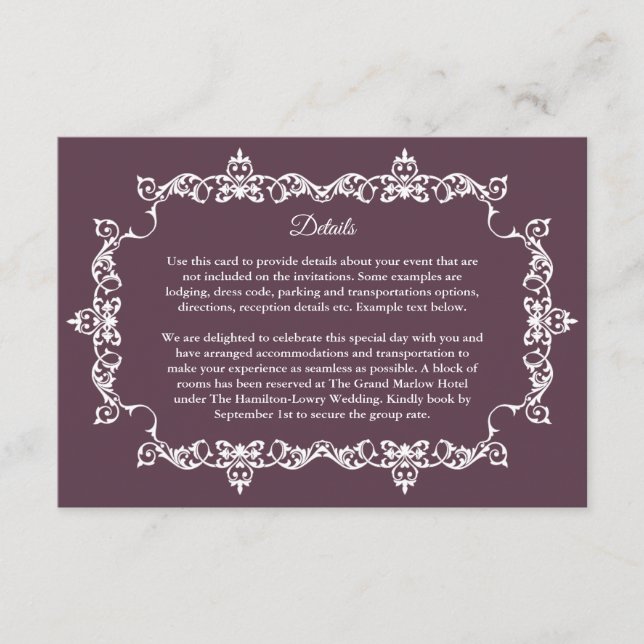 Classic Plum Purple Ornately Framed Wedding Tilläggskort (Framsida)