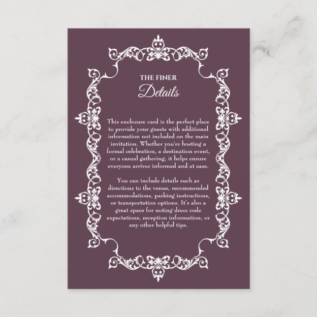 Classic Plum Purple Ornately Framed Wedding Tilläggskort (Framsida)