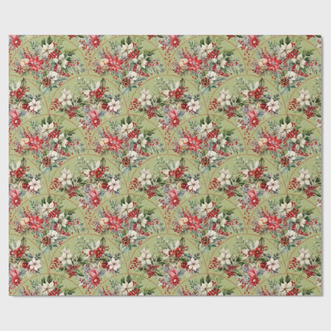 Classic Poinsettia & Berry Holiday Wrapping Paper Presentpapper (Platt)