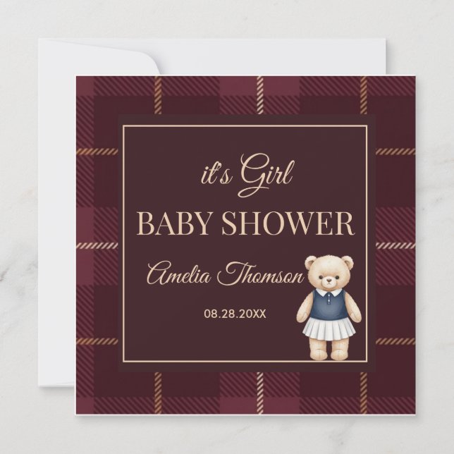 Classic Polo Teddy Bear Preppy Plaid Baby Shower  Inbjudningar (Framsida)